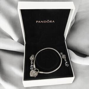 Pandora Regal Heart Padlock Smooth Silver Bracelet 7.1 In & Droplet Earrings Set